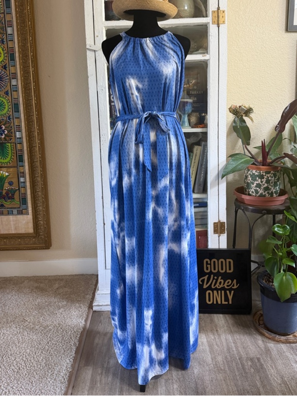 Blue Tie-Dye Halter Maxi Dress